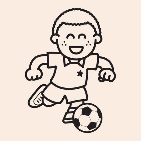 Cool soccer football black boy player character outline icon running with soccer ball, football clothes and happy faceのイラスト素材