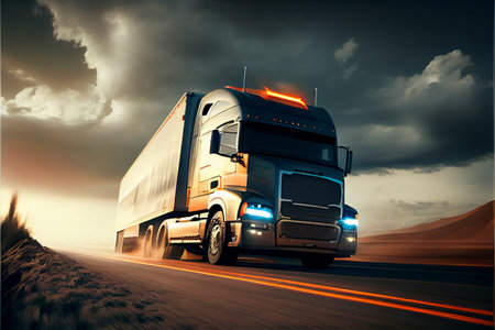 truck driving on desert road, generative aiの素材