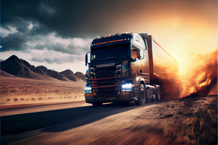 truck driving on desert road, generative aiの素材