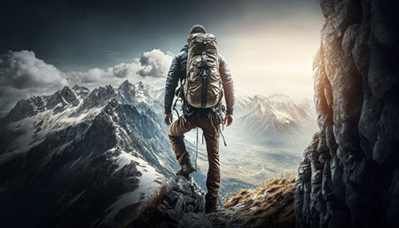 climber standing on top of a mountain, generative aiの素材
