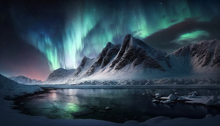 northern lights over the tops of the mountains, generative aiの素材