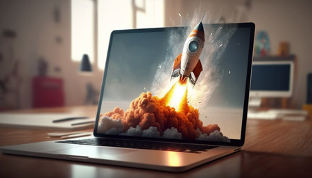 a rocket flies out of a laptop, generative aiの素材