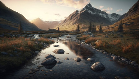 beautiful sunset over the river and mountain. Generative AI illustratorの素材
