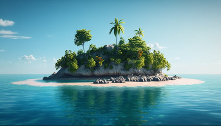 island with tropical trees and ocean. Generative AI illustratorの素材