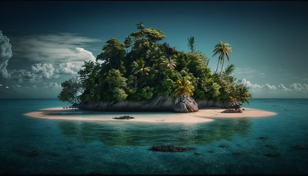 island with tropical trees and ocean. Generative AI illustratorの素材