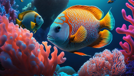colorful coral reef with red corals and fish, tropical underwater world. Generative AI illustratorの素材