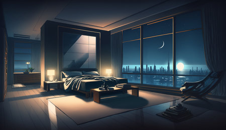 interior of the modern bedroom at night. Generative AI illustratorの素材