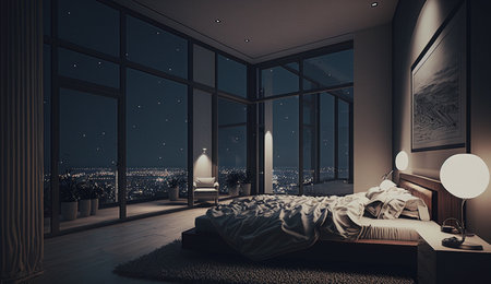 interior of the modern bedroom at night. Generative AI illustratorの素材