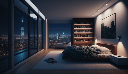 interior of the modern bedroom at night. Generative AI illustratorの素材