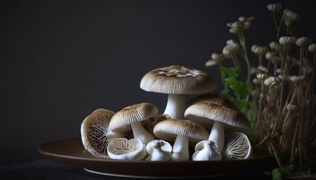 mushrooms on the table, black background, generative aiの素材