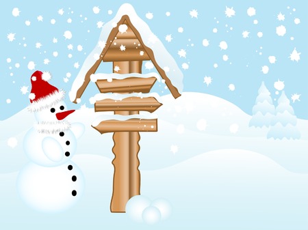 Snowman and the wooden signpostのイラスト素材