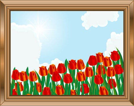 Wooden frame with field of tulipsのイラスト素材