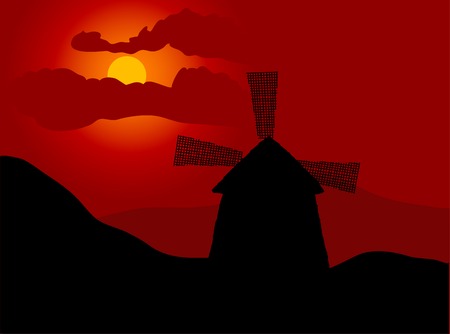 Silhouette of old windmill in sunsetのイラスト素材