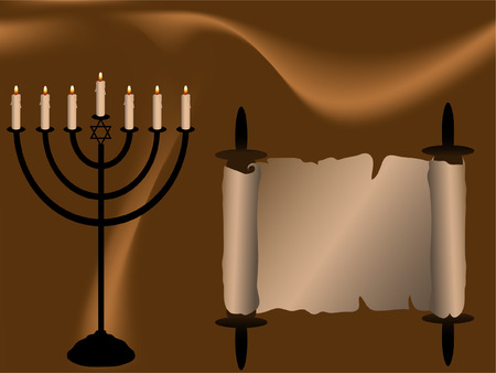 Menorah and Torah scroll on brown abstract backgroundのイラスト素材