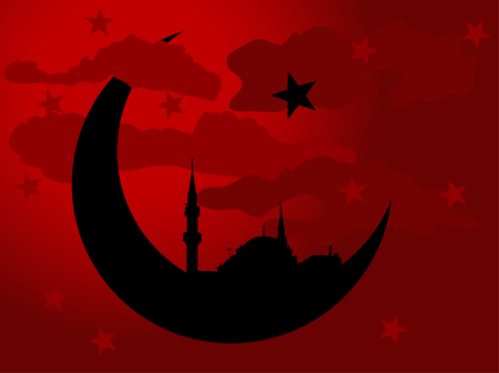 Silhouette of mosque in moon against cloudy night skyのイラスト素材