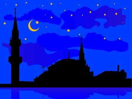 Silhouette of mosque against cloudy night skyのイラスト素材