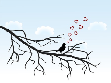 Silhouette of the bird singing with red heartsのイラスト素材