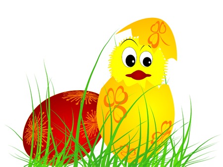 Coloured Easter eggs and the yellow chickのイラスト素材