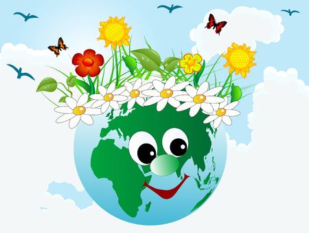Happy earth with plants and flowersのイラスト素材