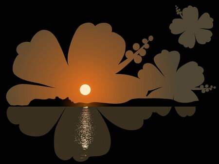 Sunset by the sea in hibiscus frameのイラスト素材