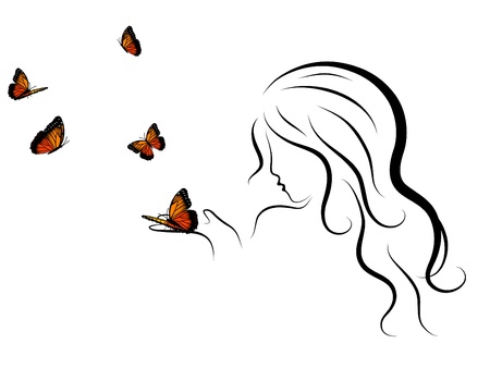 Silhouette of beauty woman blowing to butterfliesのイラスト素材