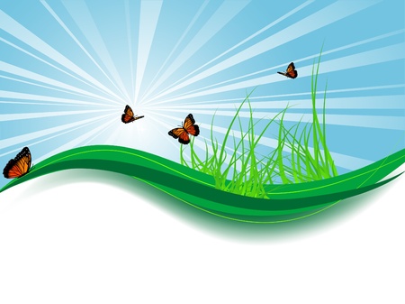 Abstract background with grass and butterfliesのイラスト素材