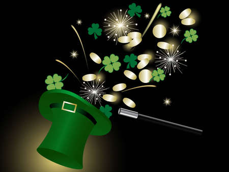 Golden coins and clovers in green hatのイラスト素材