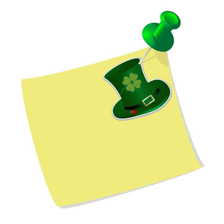 Yellow sticky label with a drawing pin and green hatのイラスト素材