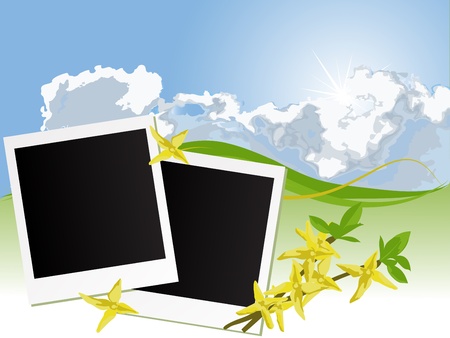 Blank photo frames on blue cloudy backgroundのイラスト素材