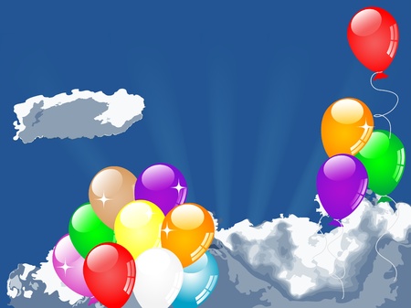 Colorful party balloons flying against cloudy skyのイラスト素材