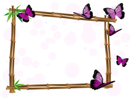 Bamboo frame with leaves and pink butterfliesのイラスト素材