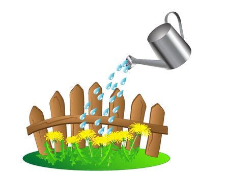Dandelions by wooden fence and the watering canのイラスト素材