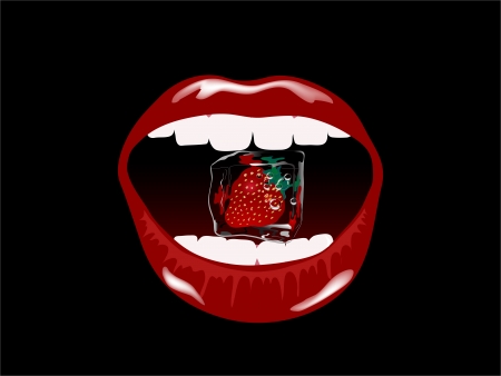 Frozen red strawberry in smiling woman lipsのイラスト素材