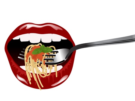 Spaghetti on fork in beautiful red mouthのイラスト素材