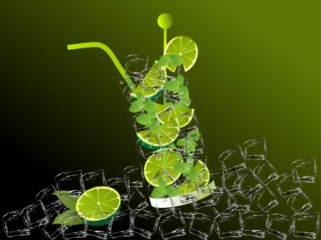 Mojito drink with limes, mint and ice cubesのイラスト素材