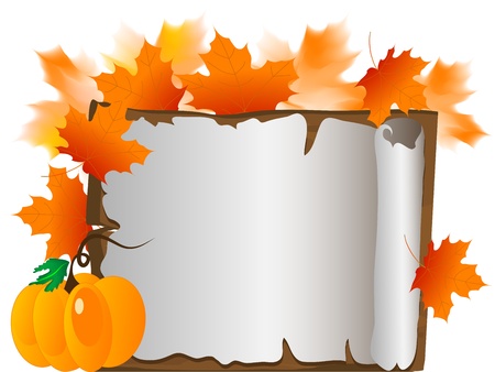 Wooden signboard with leaves and pumpkinのイラスト素材
