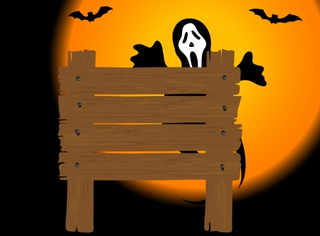 Wooden signboard and the ghost at the backのイラスト素材