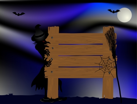 Wooden signboard and the witch at the backのイラスト素材