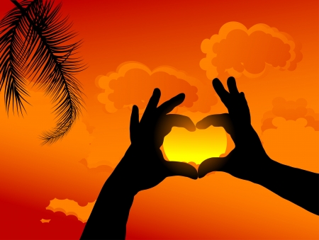Heart from hands against sunset skyのイラスト素材