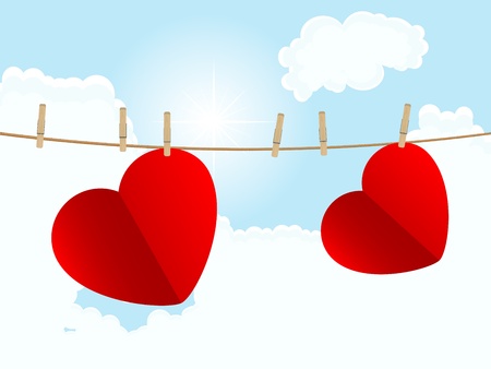 Two red hearts hanging on the ropeのイラスト素材