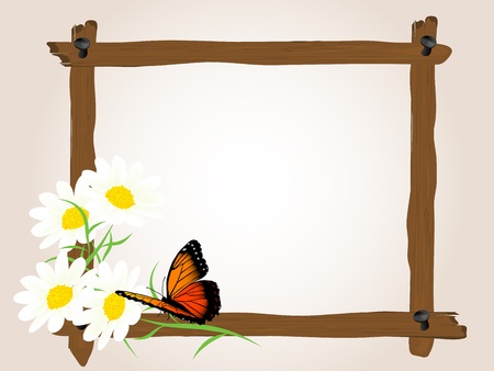 Wooden frame with butterfly and cammomileのイラスト素材