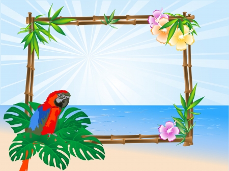 Red parrot sitting on a bamboo frameのイラスト素材