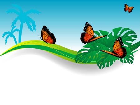 Orange butterfly sitting between green palm leavesのイラスト素材