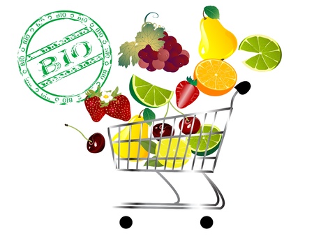 Shopping cart with bio fresh fruitsのイラスト素材