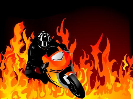 Silhouette of motobiker in the flamesのイラスト素材