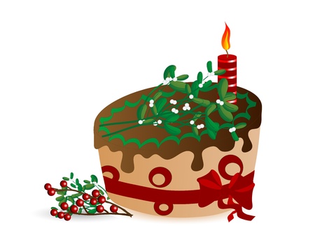 Cake with chocolate, candle and mistletoeのイラスト素材