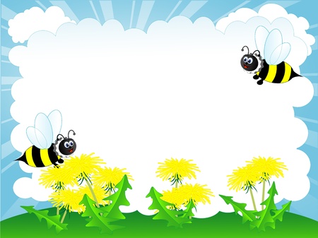Spring banner with bee and yellow dandelionsのイラスト素材