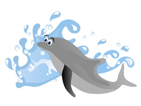 Blue water wave and grey cartoon dolphinのイラスト素材