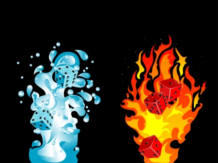 Red and blue dices in water splash and fireのイラスト素材