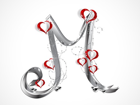Grey letter M with ribbon and glass heartsのイラスト素材